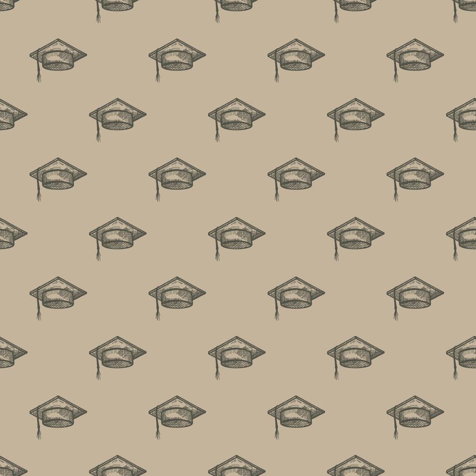 Graduate hat engraved seamless pattern. Vintage element education in hand drawn style. Sketch texture for fabric, wallpaper, textile, print, title, wrapping paper. Vector illustration.