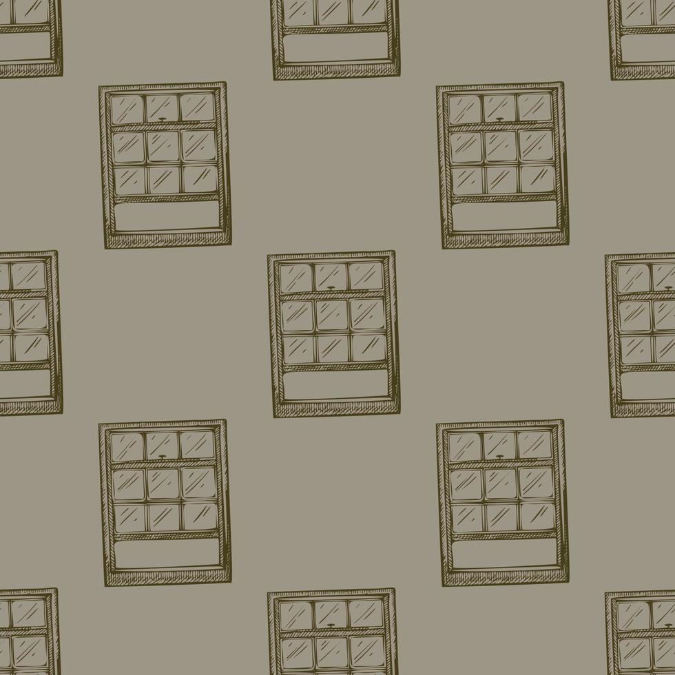 Opened window engraved seamless pattern. Vintage element inside wall in hand drawn style. Sketch texture for fabric, wallpaper, textile, print, title, wrapping paper. Vector illustration.