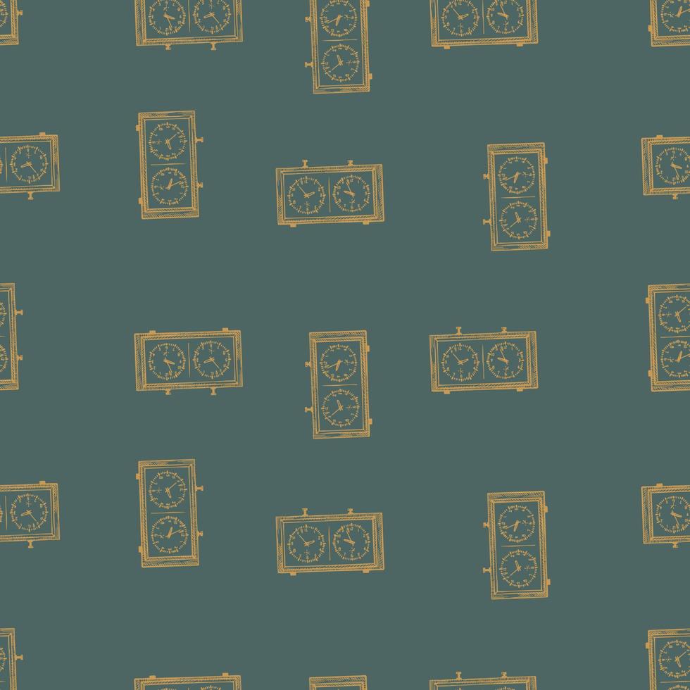 Chess clock engraved seamless pattern. Retro watch for chess game in hand drawn style. Sketch texture for fabric, wallpaper, textile, print, title, wrapping paper. Vector illustration.