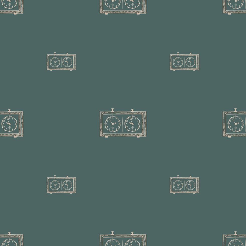 Chess clock engraved seamless pattern. Retro watch for chess game in hand drawn style. Sketch texture for fabric, wallpaper, textile, print, title, wrapping paper. Vector illustration.