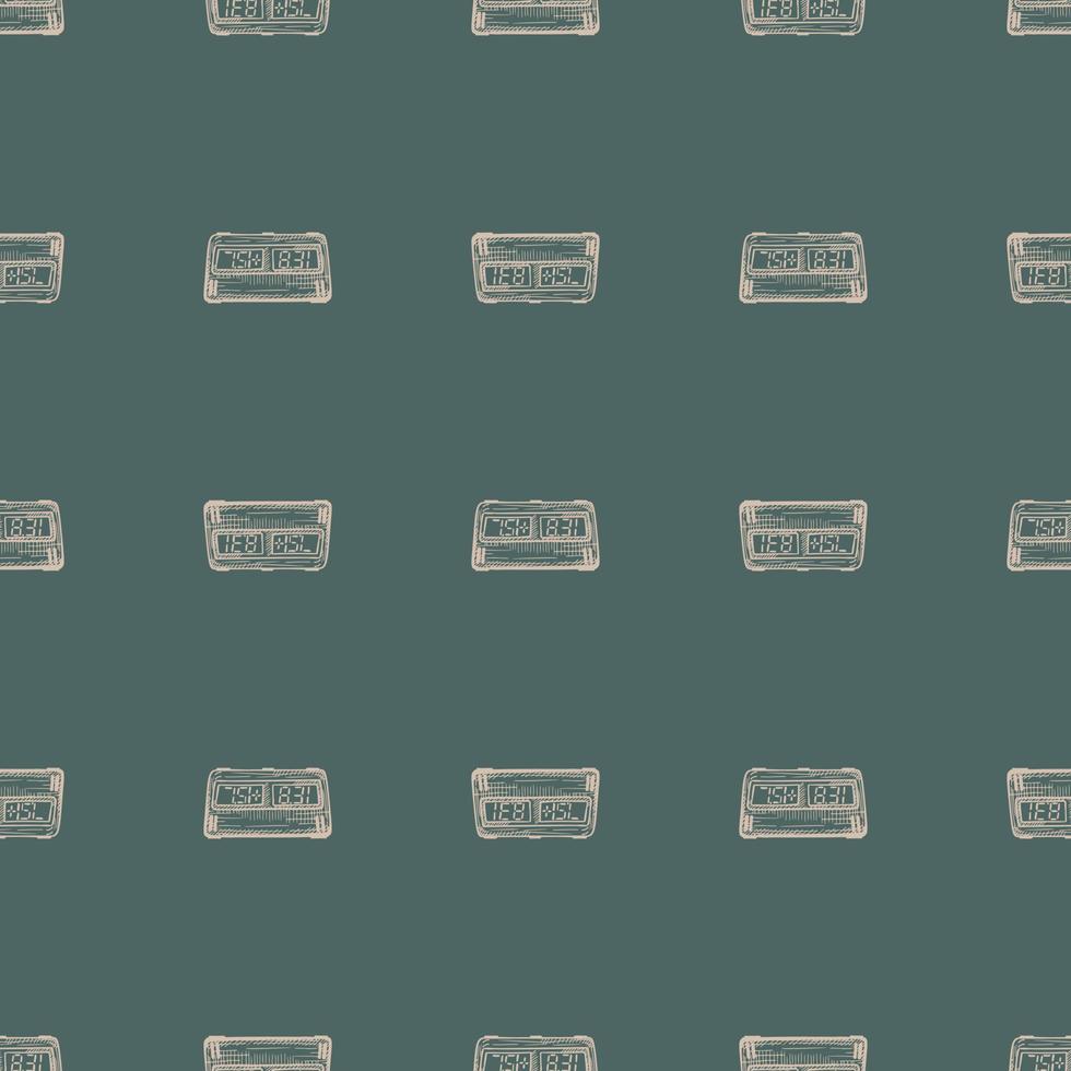 Chess clock electric engraved seamless pattern. Retro watch for chess game in hand drawn style. Sketch texture for fabric, wallpaper, textile, print, title, wrapping paper. Vector illustration.