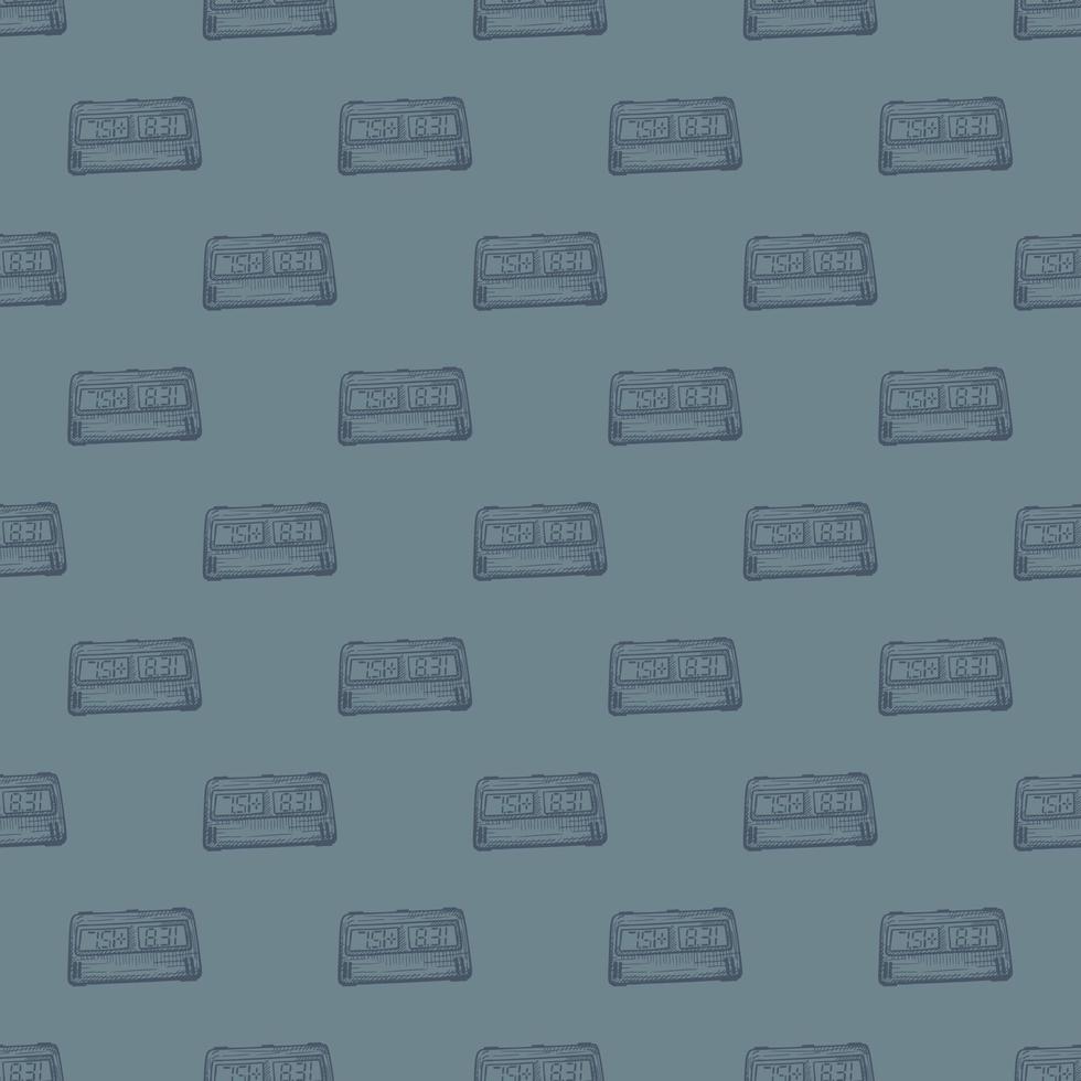 Chess clock electric engraved seamless pattern. Retro watch for chess game in hand drawn style. Sketch texture for fabric, wallpaper, textile, print, title, wrapping paper. Vector illustration.