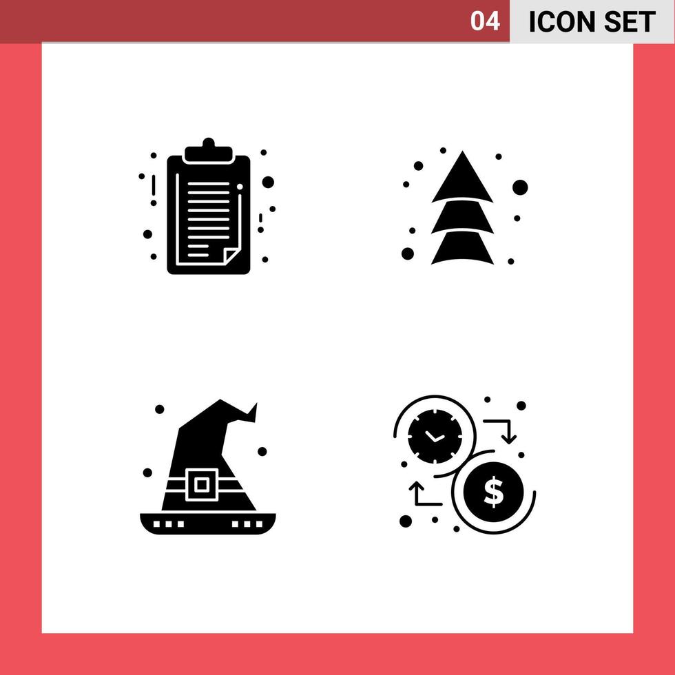 Set of 4 Commercial Solid Glyphs pack for document halloween clip board up wizard Editable Vector Design Elements