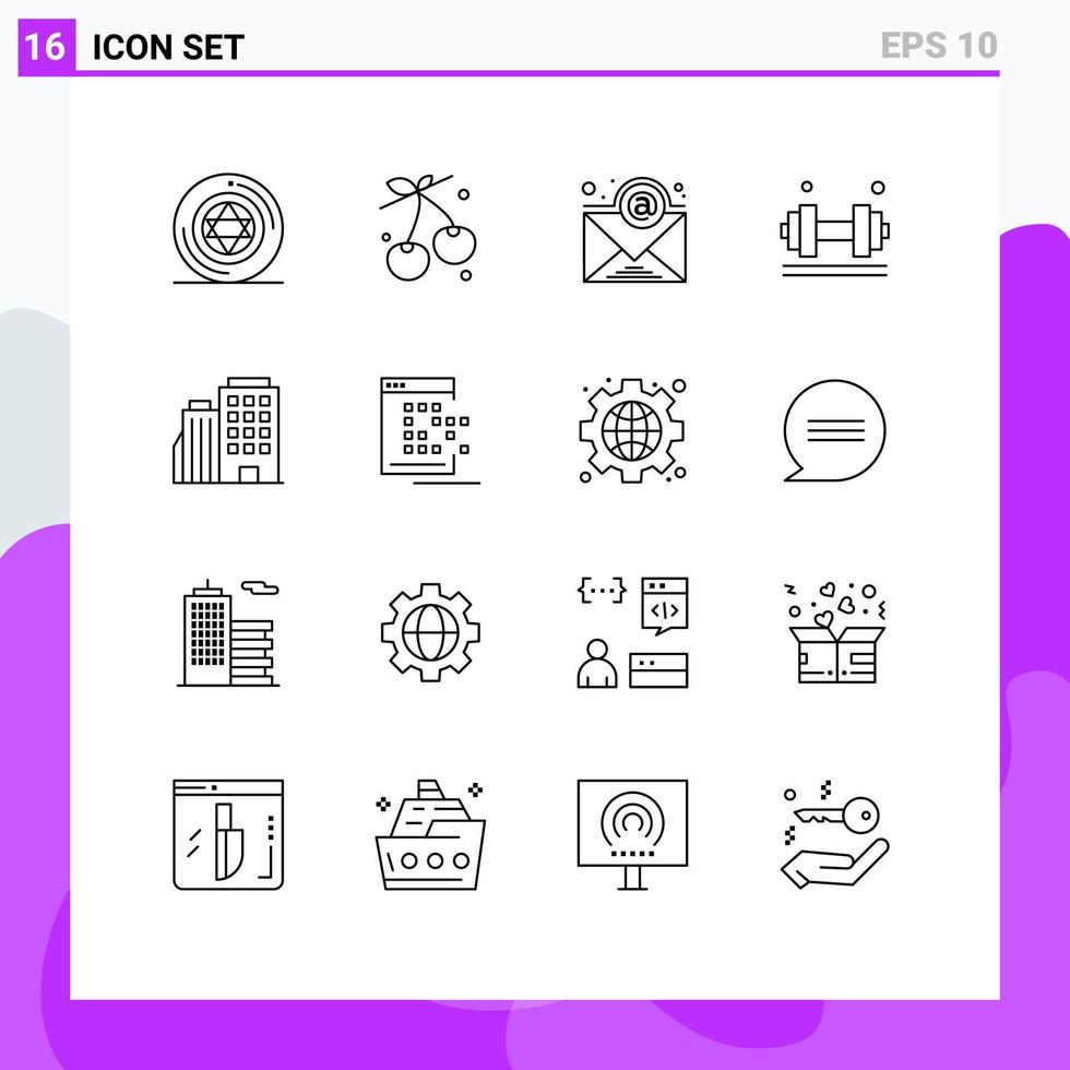 Pack of 16 creative Outlines of builing weight lifter email gym fitness Editable Vector Design Elements