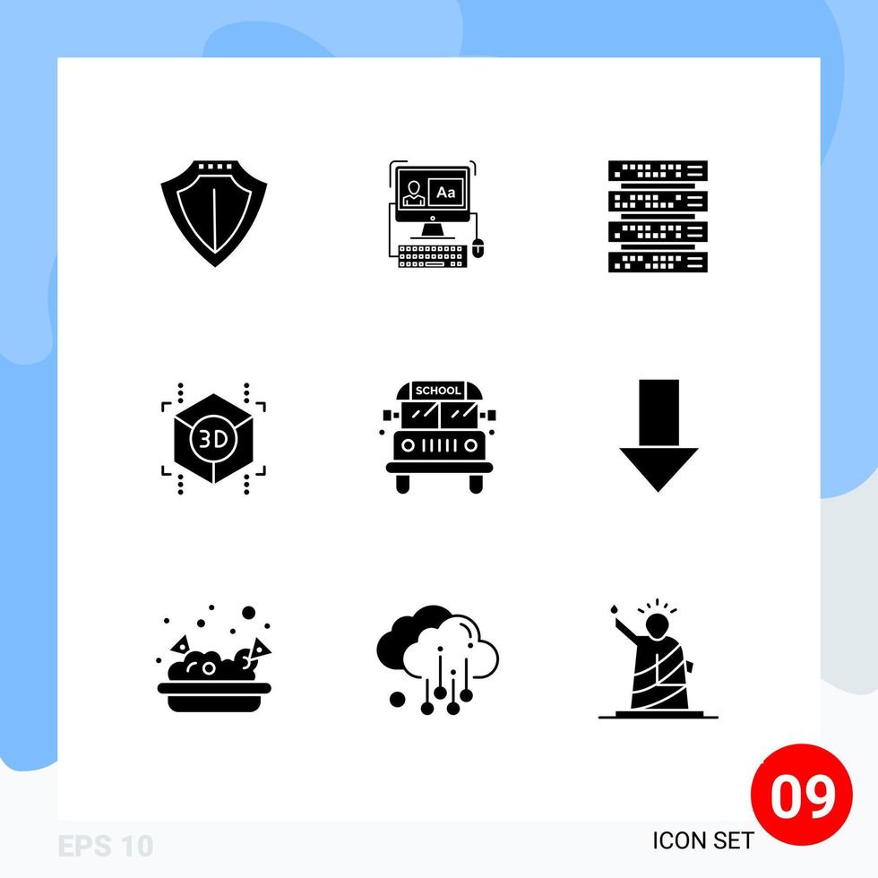 Pack of 9 Modern Solid Glyphs Signs and Symbols for Web Print Media such as transport bus computer shape cube Editable Vector Design Elements