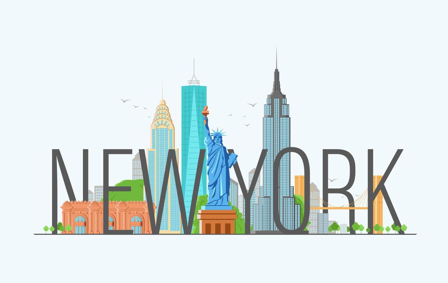 ilustración de nueva york con caligrafía moderna y estatua de la libertad. vector