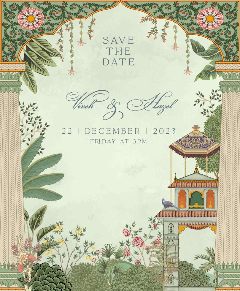 Traditional Mughal Wedding Invitation Card. Invitation card for printing vector illustration.