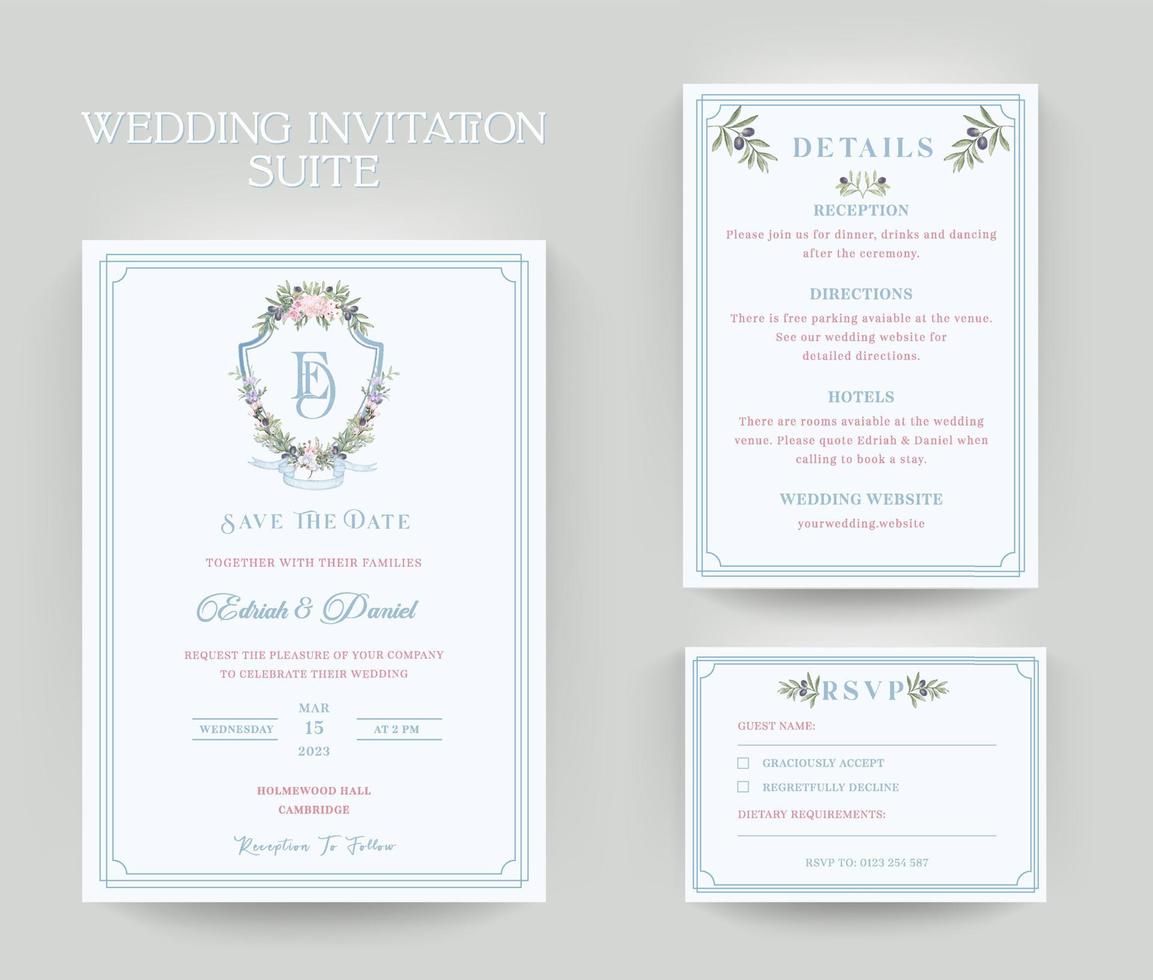 suite de tarjetas de invitación de boda con escudo de boda. invitación, detalles, ilustración de vector de plantilla rsvp.