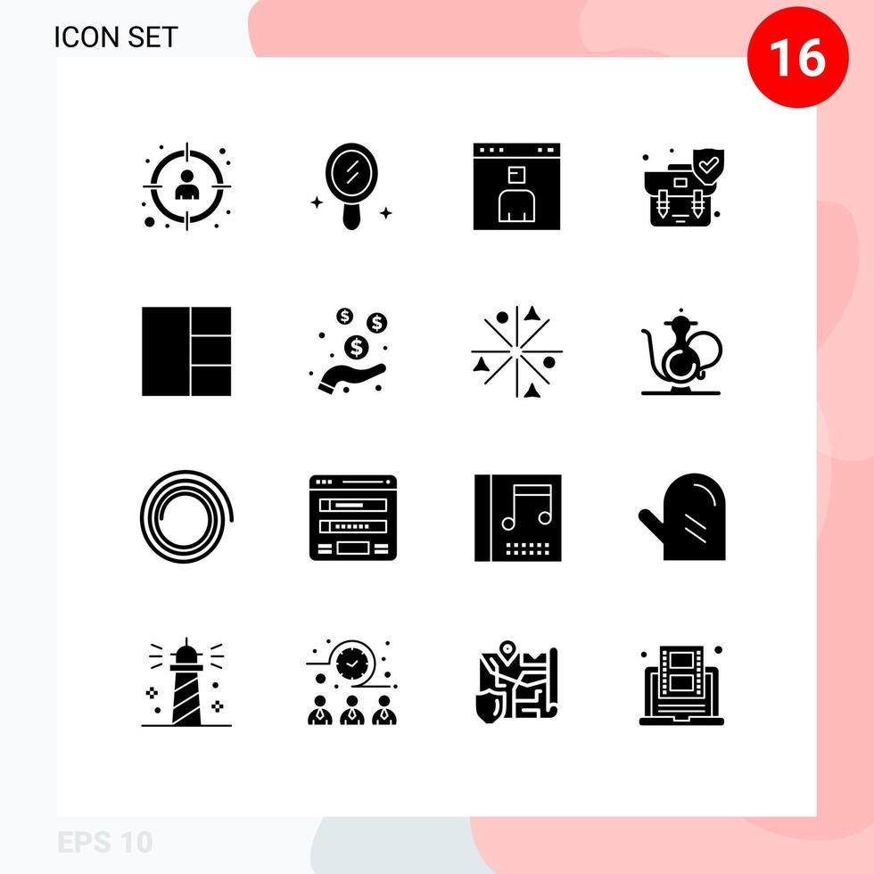 Pictogram Set of 16 Simple Solid Glyphs of layout shield browser security handbag Editable Vector Design Elements
