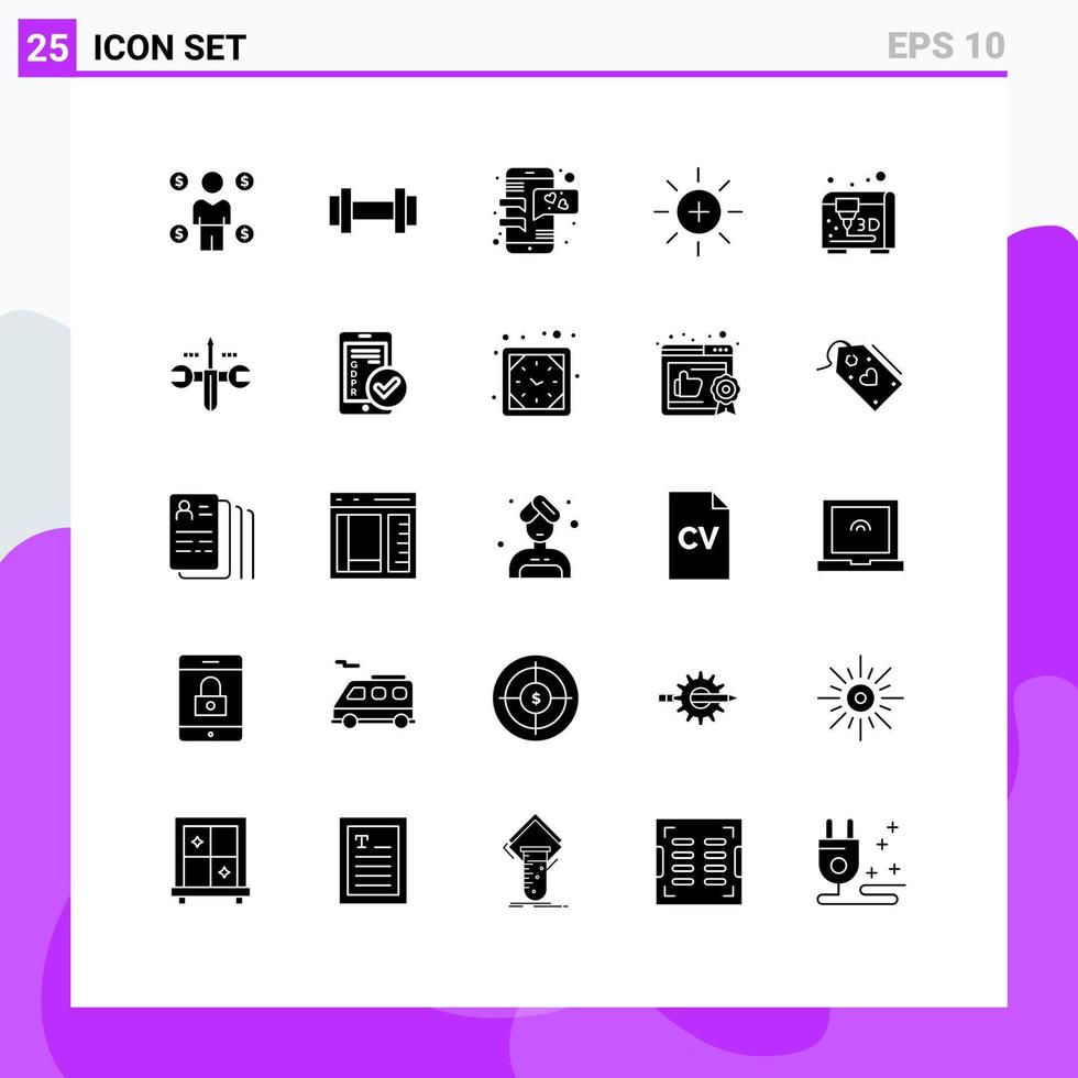 Universal Icon Symbols Group of 25 Modern Solid Glyphs of printing user chat ui brightness Editable Vector Design Elements