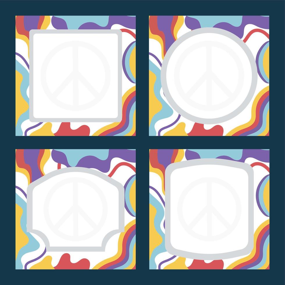 Set of Frames, backdrops, Icons in the style of a hippie with colored waves and peace sign vector