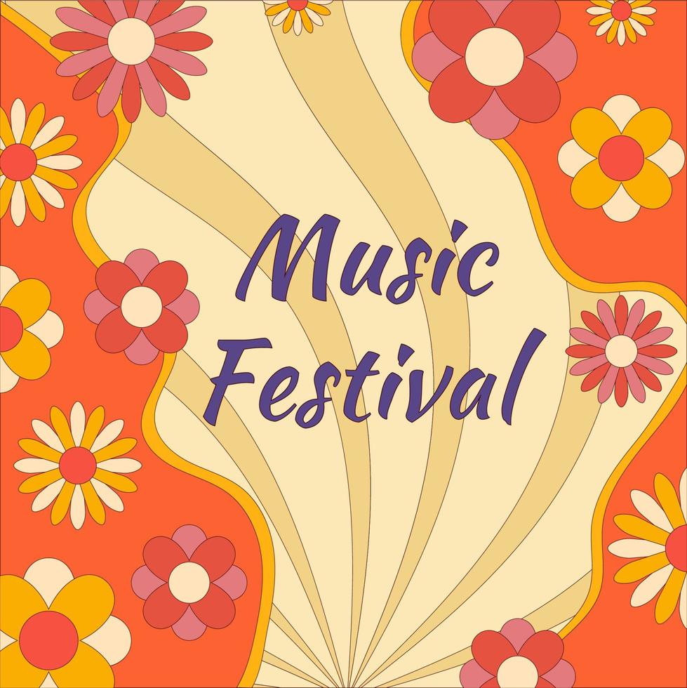 icono, pegatina en estilo hippie con ondas, flores y festival de música de texto en colores naranja. estilo retro vector