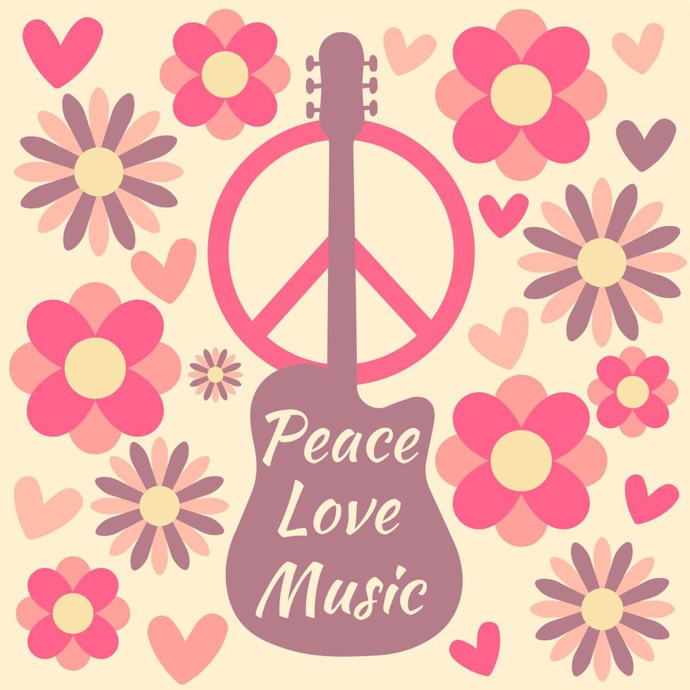 Icon, sticker in hippie style with purple guitar, peace sign, flowers, hearts and text Peace, Love, Music on beige background. Retro style vector