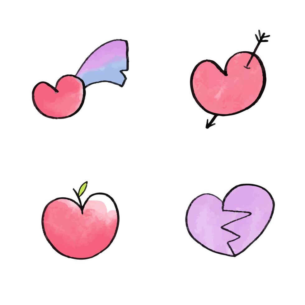 vector set día de san valentín pintura de acuarela artística dibujada a mano. forma de corazón. bueno para la tarjeta de felicitación del día de los enamorados.