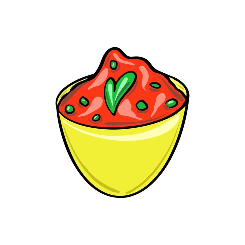 Salsa tomato ketchup in bowl isolated icon. Vector plate with tomato hot chili spicy snack. Sauce-boat portion, bbq catchup. Food condiment sour sweet sauce on plate