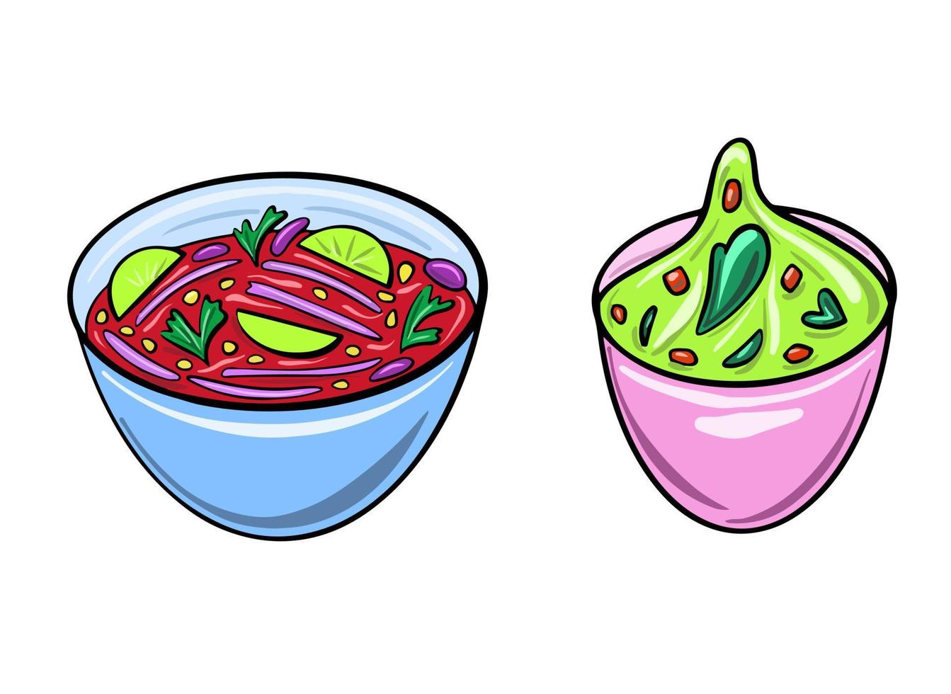 ilustración de vector de cocina mexicana. sopa de chile y salsa de guacamole. ilustración en estilo de dibujos animados plana.