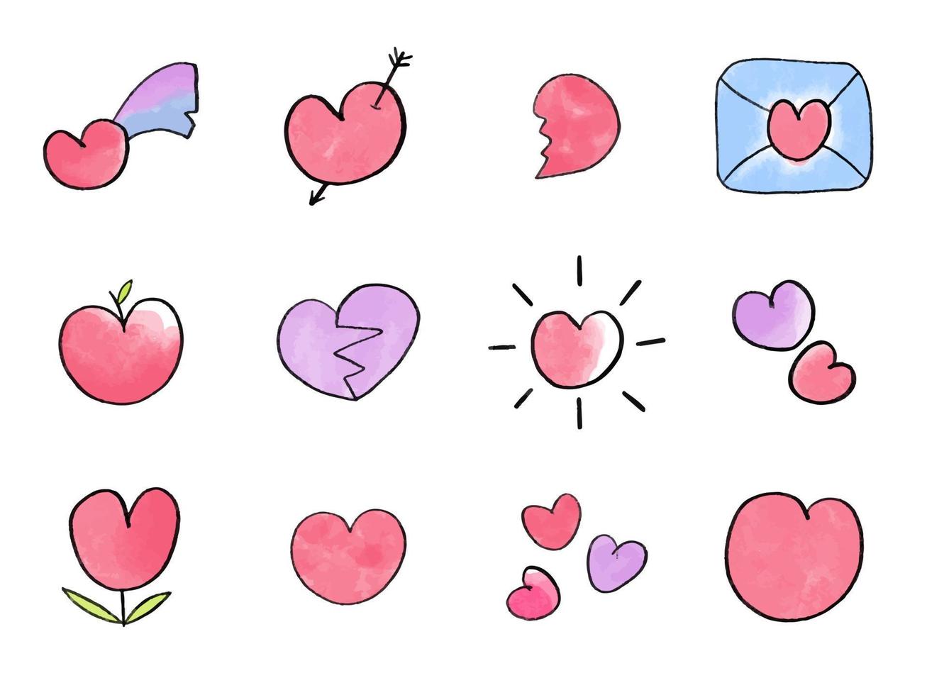 Set of Pink and red heart watercolor shapes. Hand drawn vector illustration. Painted with watercolour paints.