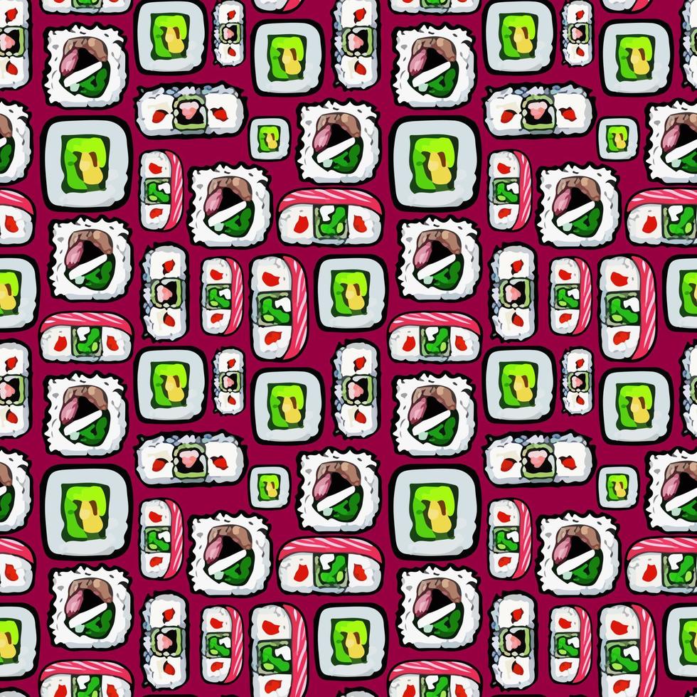 Vector seamless sushi pattern on dark red.