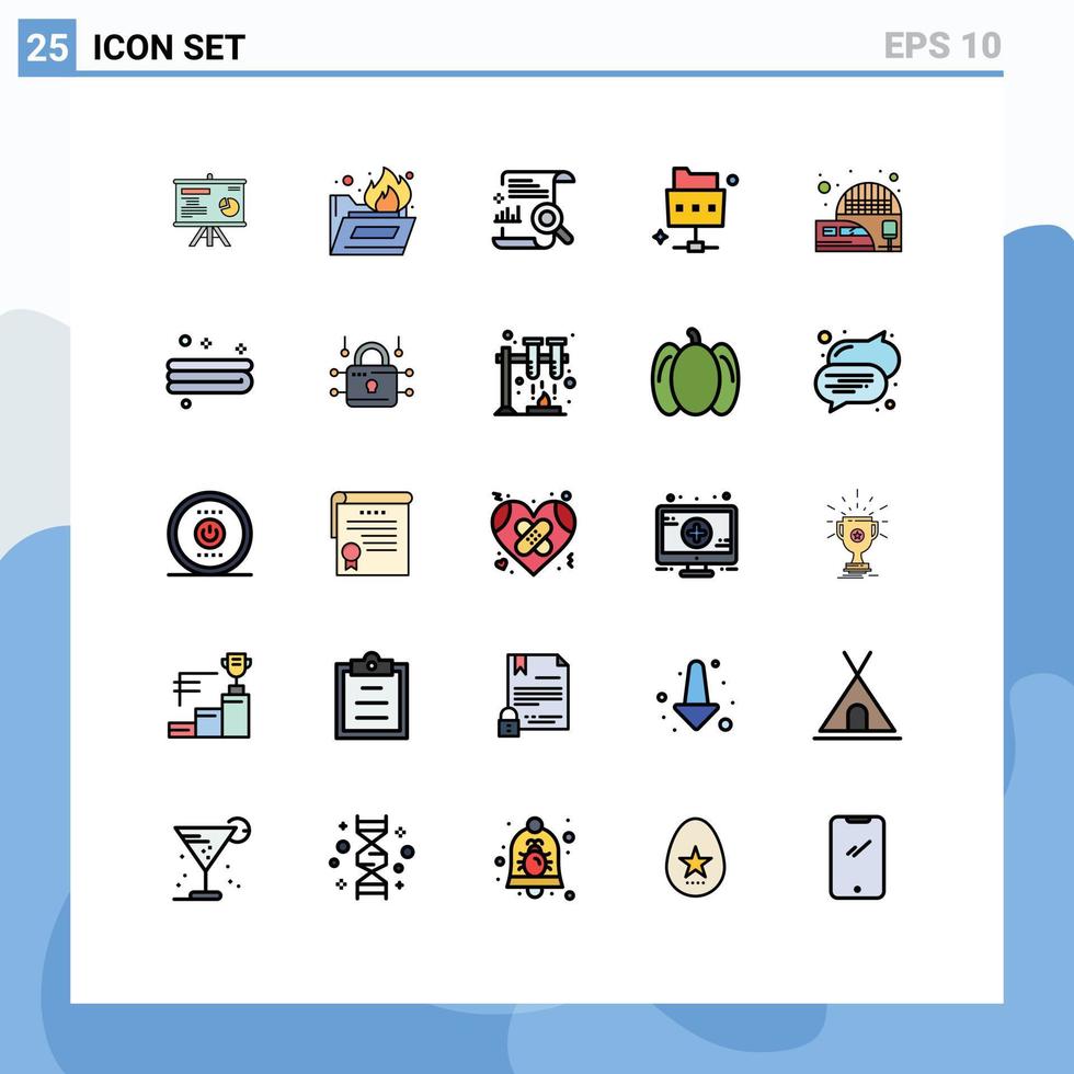 25 Thematic Vector Filled line Flat Colors and Editable Symbols of suburban railway station content folder network Editable Vector Design Elements