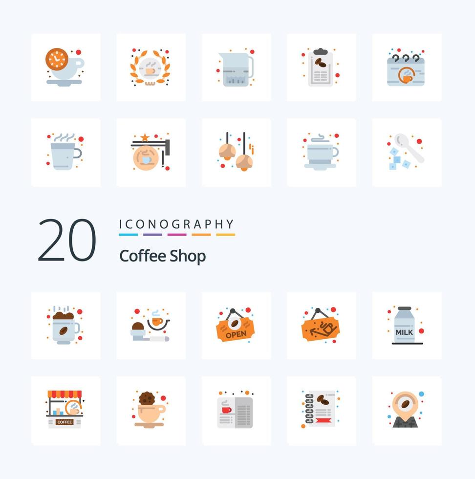 20 Coffee Shop Flat Color icon Pack like milk breakfast open sign board cup vector