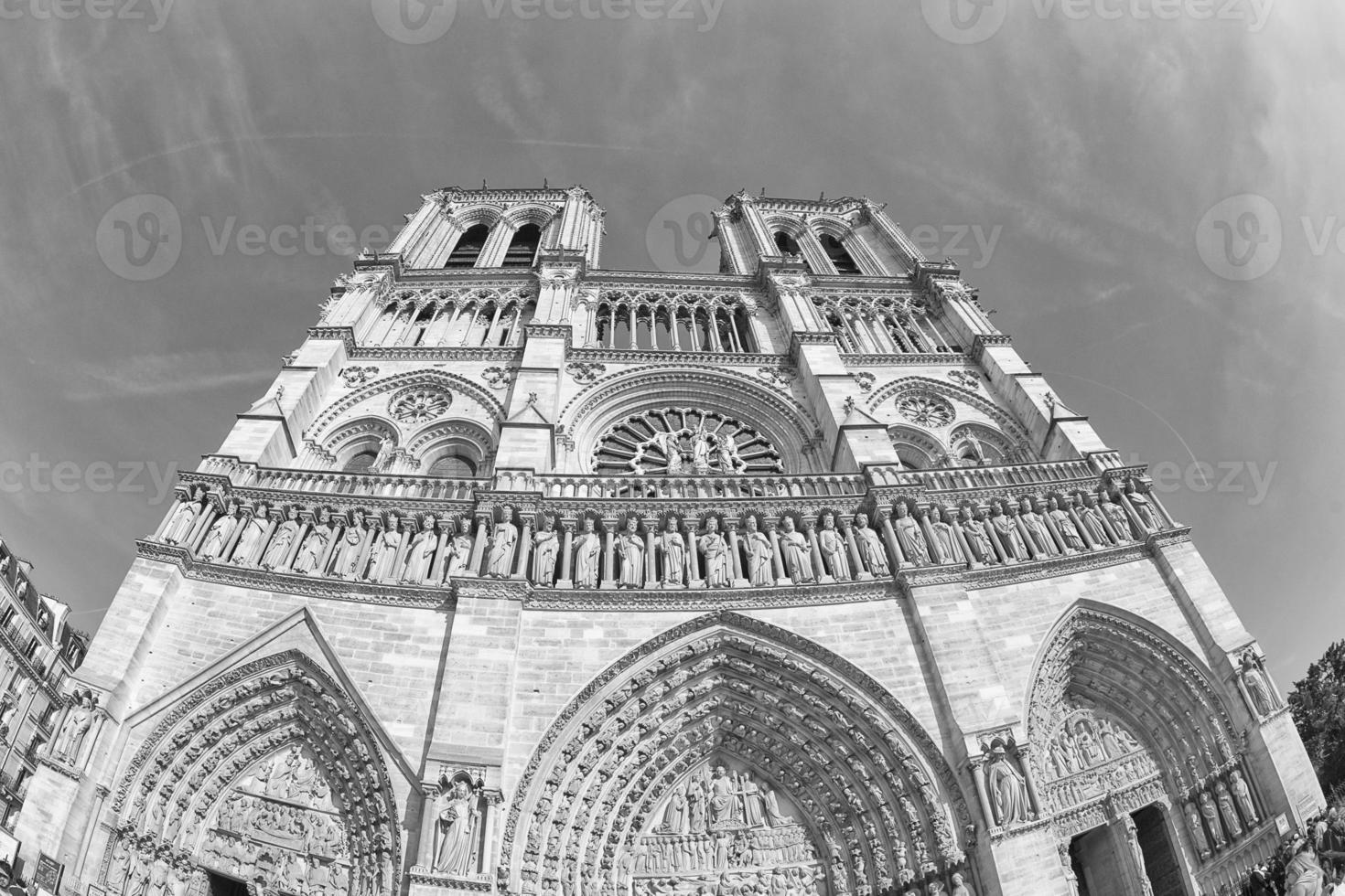 notre dame paris cathedral external view in black and white photo