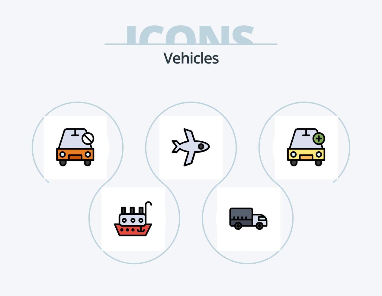 línea de vehículos llenos de iconos paquete 5 diseño de iconos. auto. transporte. puente. camión. autopista vector