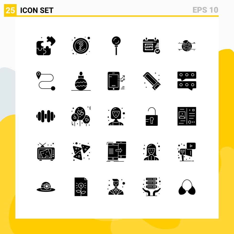 Mobile Interface Solid Glyph Set of 25 Pictograms of percentage chart food pie security Editable Vector Design Elements
