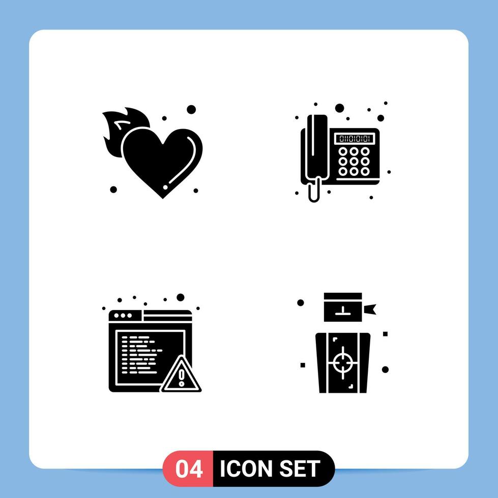 Set of 4 Vector Solid Glyphs on Grid for fire alert hot phone error Editable Vector Design Elements