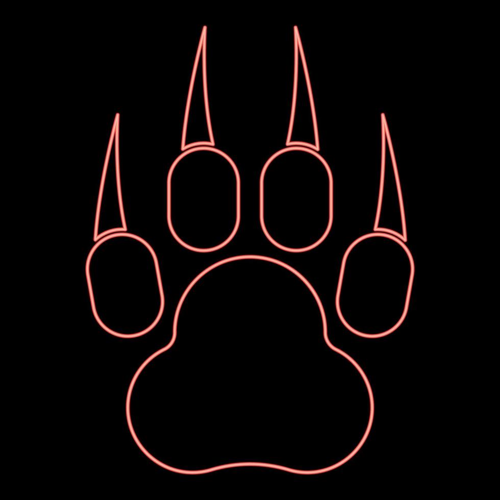 Neon print paw wild animal with claw track footprint predatory pawprint red color vector illustration image flat style