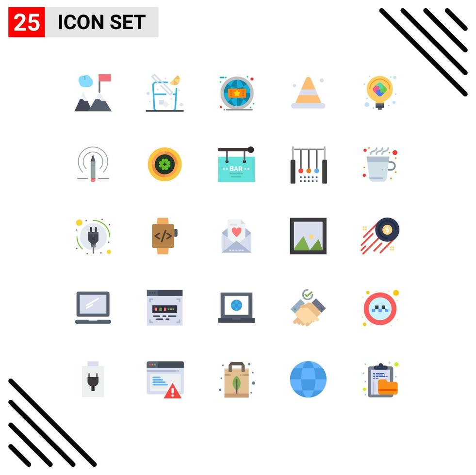 Pack of 25 Modern Flat Colors Signs and Symbols for Web Print Media such as solution light bulb global idea construction Editable Vector Design Elements