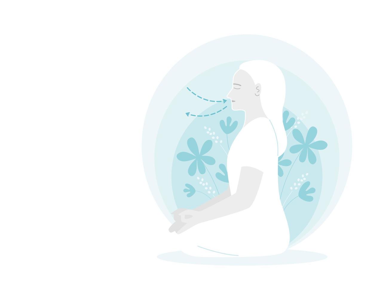 una mujer meditando y haciendo ejercicio de respiración para yoga o manejo de la ansiedad. ilustración vectorial en estilo plano. vector