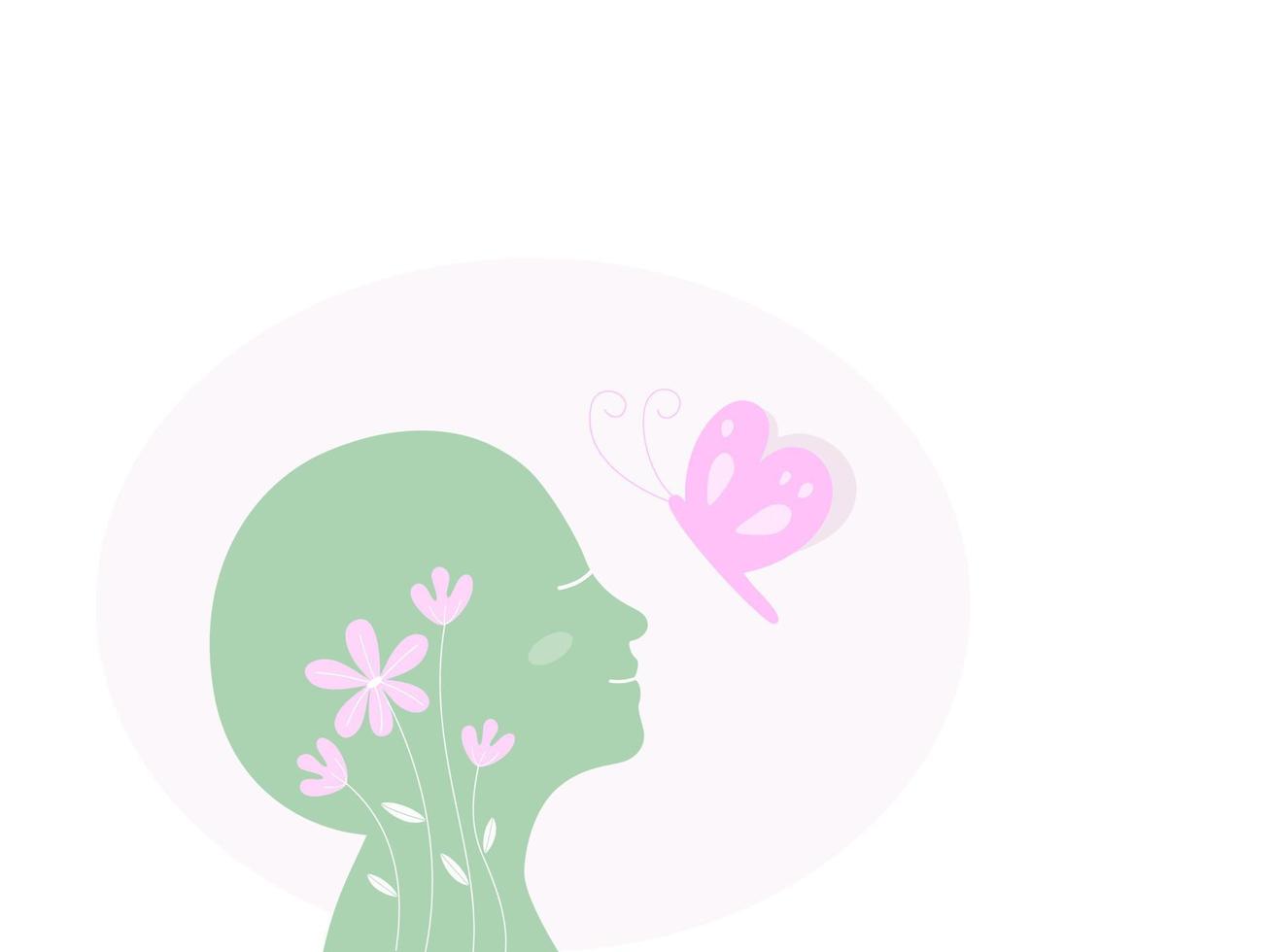 A silhouette of human smilling and happy emotion with flowers and butterfly, mental health concept. flat vector illustration.