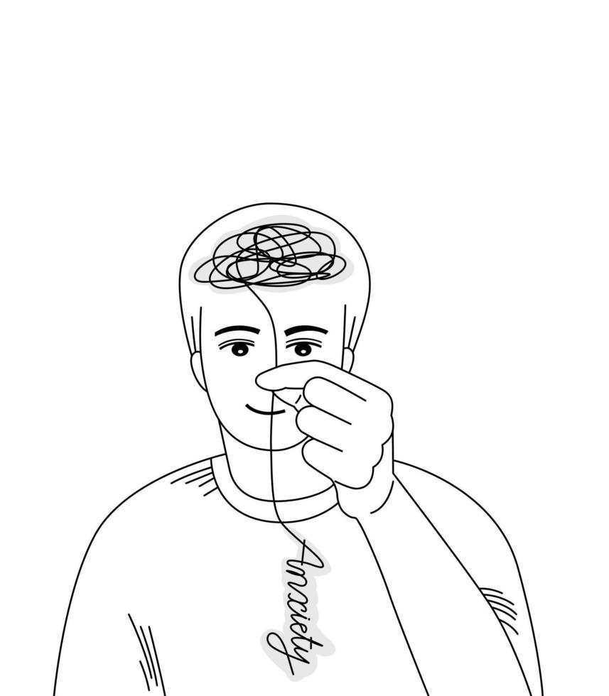 Outline of a man understanding and managing his stress or depress, mental health concept. vector