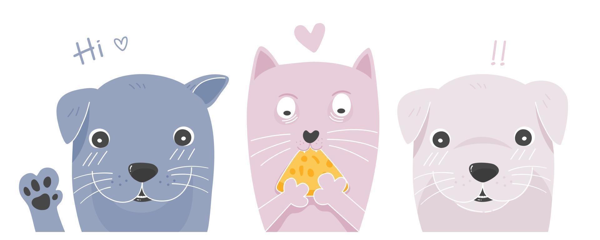 Set of pastel doodle cute puppys and a kitten eating pizza in flat vector. vector