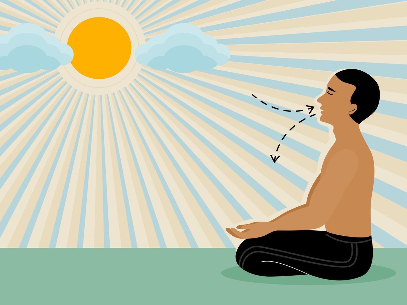 un hombre meditando y respirando ejercicio a la luz del sol en una ilustración vectorial plana. vector