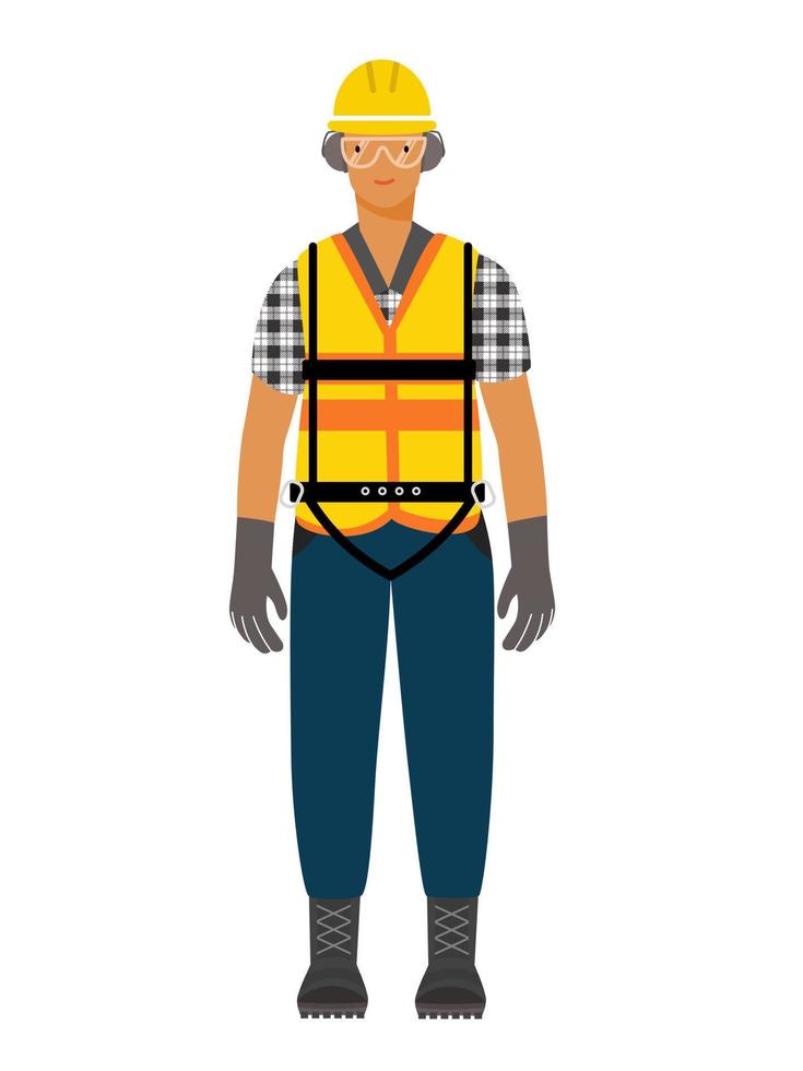 Isolated of a construction worker man wearing personal protective equipment. vector