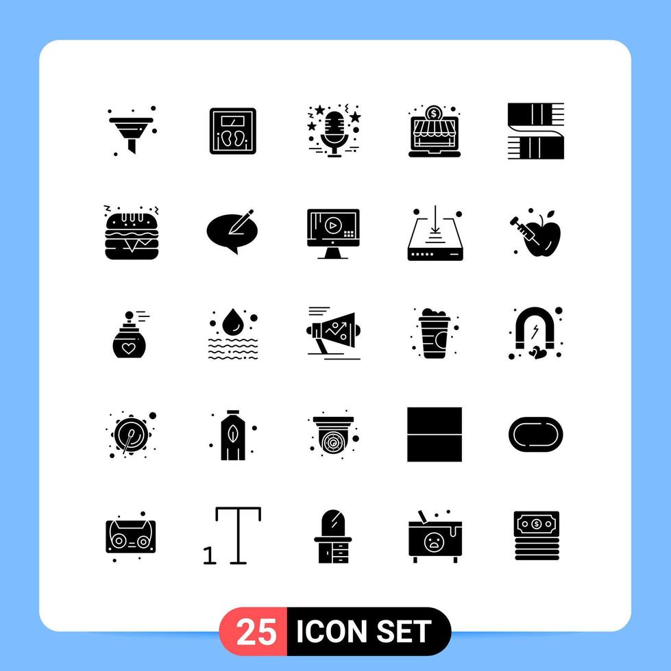 25 Thematic Vector Solid Glyphs and Editable Symbols of clothing money sound investment music Editable Vector Design Elements