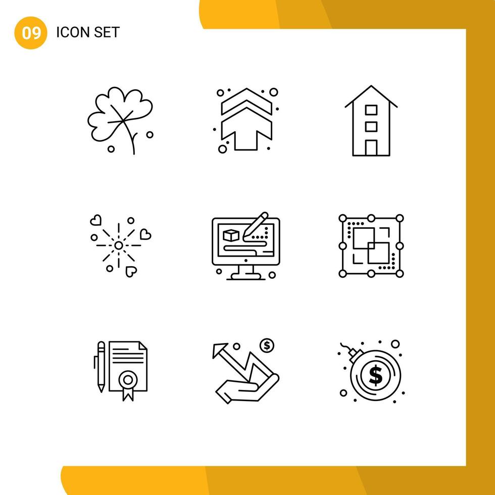 9 Universal Outlines Set for Web and Mobile Applications creative heart buildings celebration store Editable Vector Design Elements
