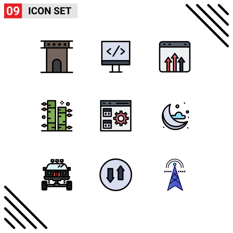 Set of 9 Vector Filledline Flat Colors on Grid for app garden business botanical report Editable Vector Design Elements