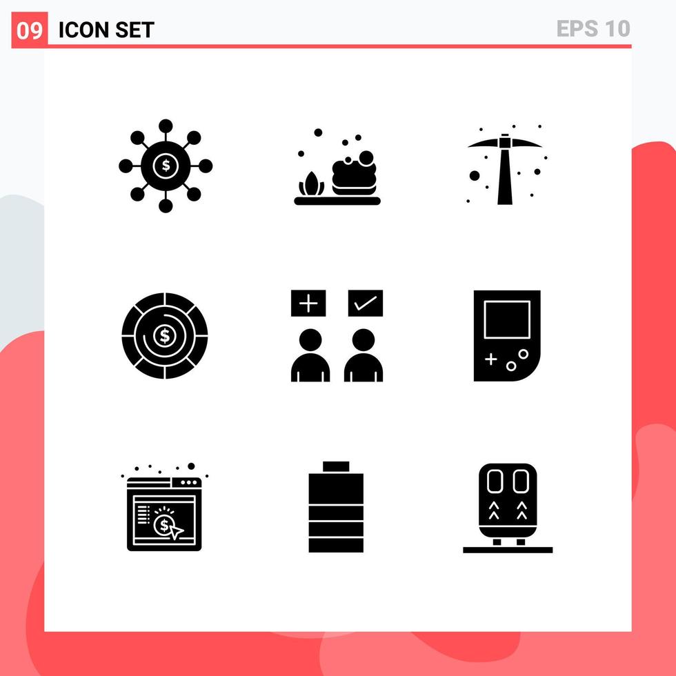 Group of 9 Modern Solid Glyphs Set for online answers hard work investment budget Editable Vector Design Elements
