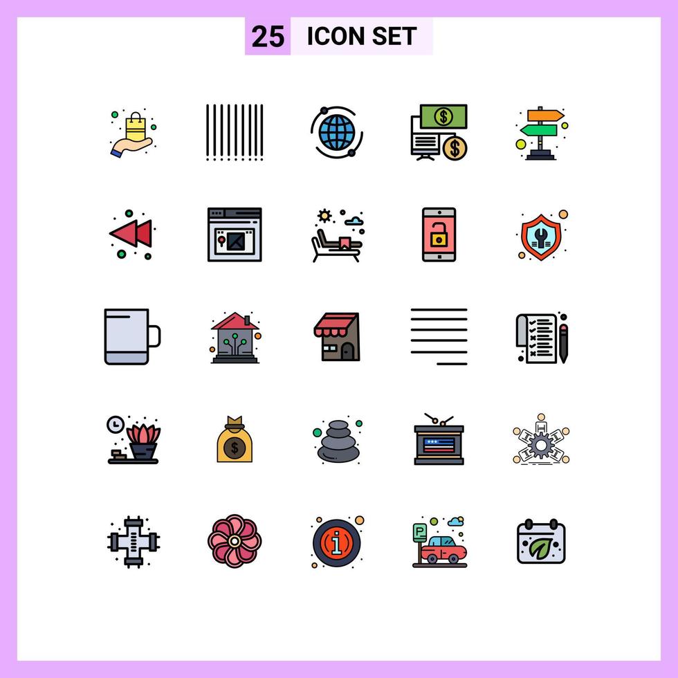 Filled line Flat Color Pack of 25 Universal Symbols of rewind arrow online direction of success board Editable Vector Design Elements