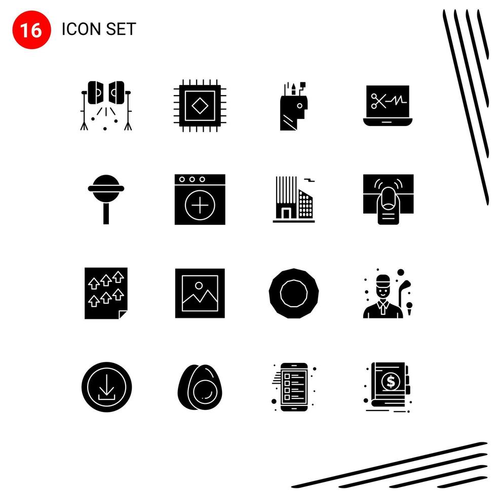 Pack of 16 Modern Solid Glyphs Signs and Symbols for Web Print Media such as app chupa pen candy audio editing software Editable Vector Design Elements