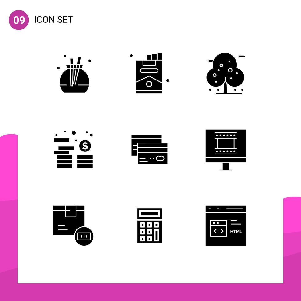 Modern Set of 9 Solid Glyphs Pictograph of card creditcard palm coins investment Editable Vector Design Elements