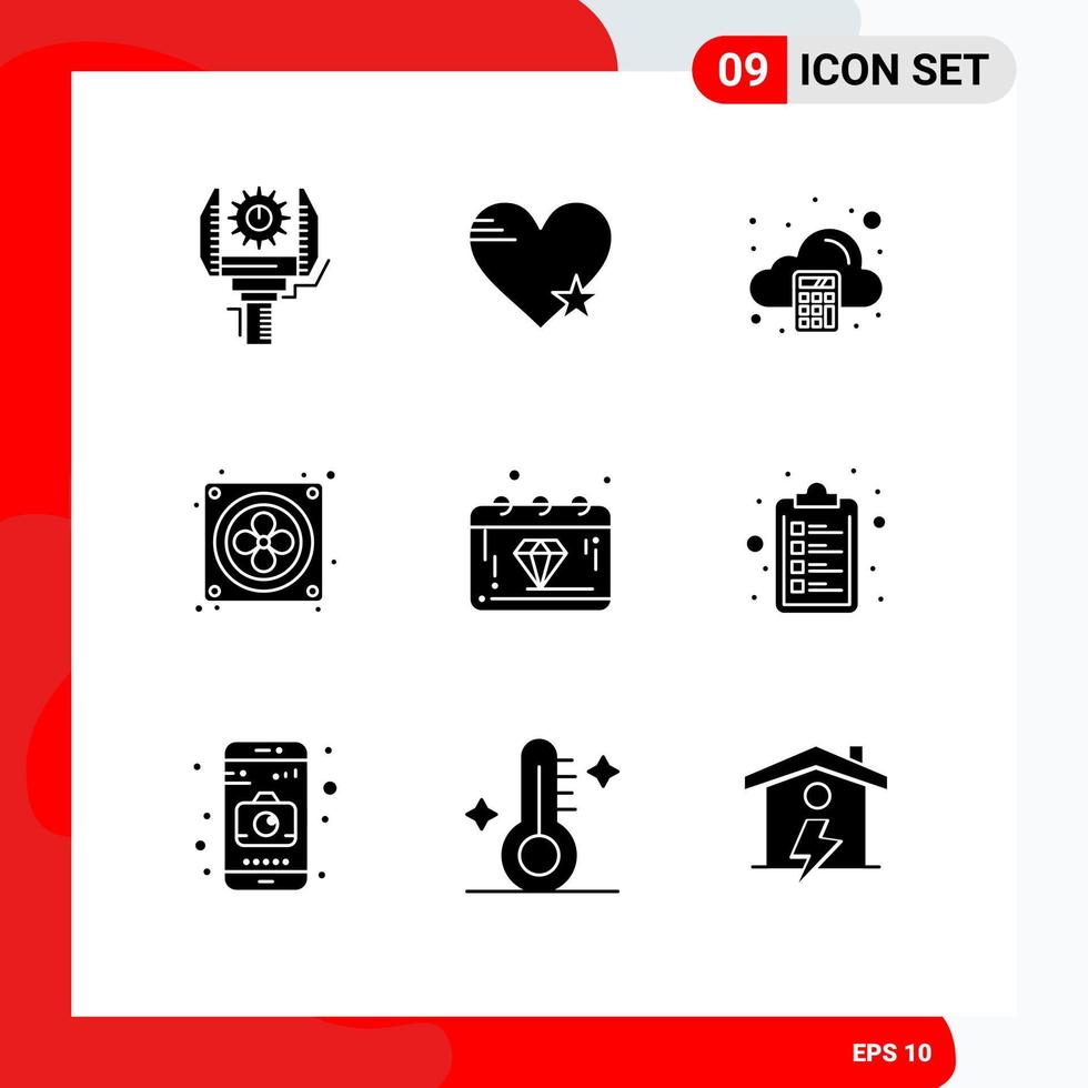 Pack of 9 creative Solid Glyphs of banking fan like computer calculate Editable Vector Design Elements