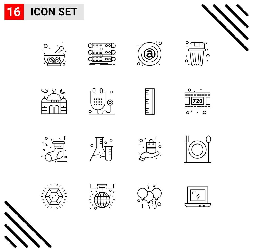 grupo universal de símbolos de iconos de 16 contornos modernos de elementos de diseño de vectores editables de correo electrónico de cesta de datos de basura