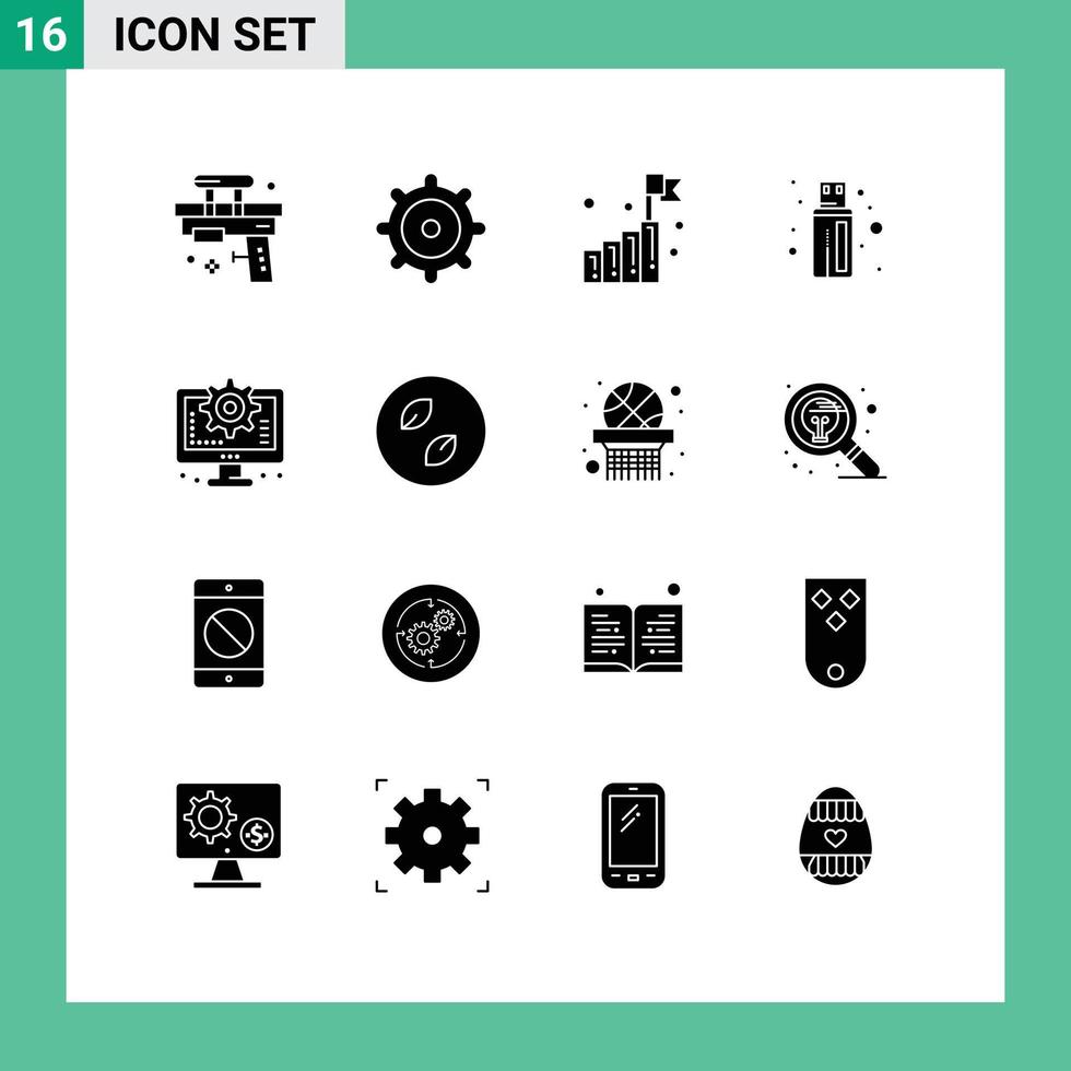 grupo de 16 signos y símbolos de glifos sólidos para configurar elementos de diseño vectorial editables del conector de la computadora de crecimiento de la interfaz vector