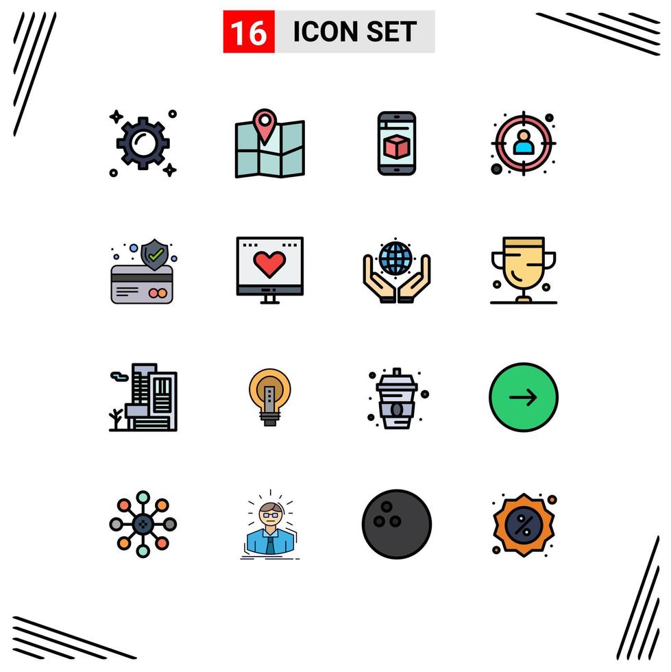 Mobile Interface Flat Color Filled Line Set of 16 Pictograms of card protection goal cell target manager Editable Creative Vector Design Elements