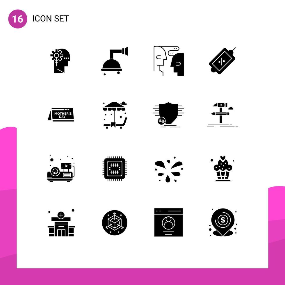 Group of 16 Solid Glyphs Signs and Symbols for day tag brain sale ecommerce Editable Vector Design Elements