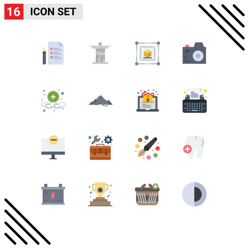 Pack of 16 Modern Flat Colors Signs and Symbols for Web Print Media such as mountain plus box add communication Editable Pack of Creative Vector Design Elements