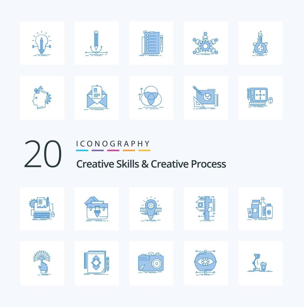 20 Creative Skills And Creative Process Blue Color icon Pack like caliper folder scale bulb vector